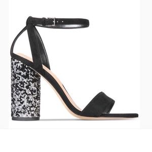 Aldo Black Ankle-Strap Sandals with Silver Glitter Block Heel